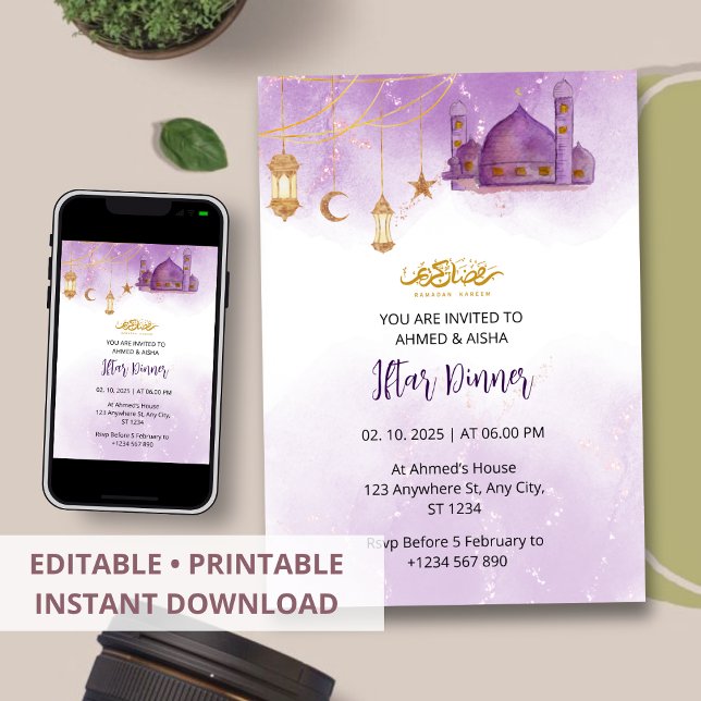 Iftar dinner invitation ramadan watercolor  mosque (Creator Uploaded)