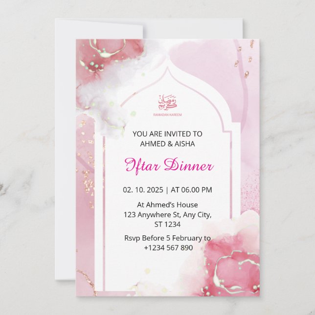 Iftar dinner invitation ramadan watercolor pink (Front)