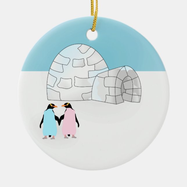 Igloo with coloured penguins ceramic ornament (Front)