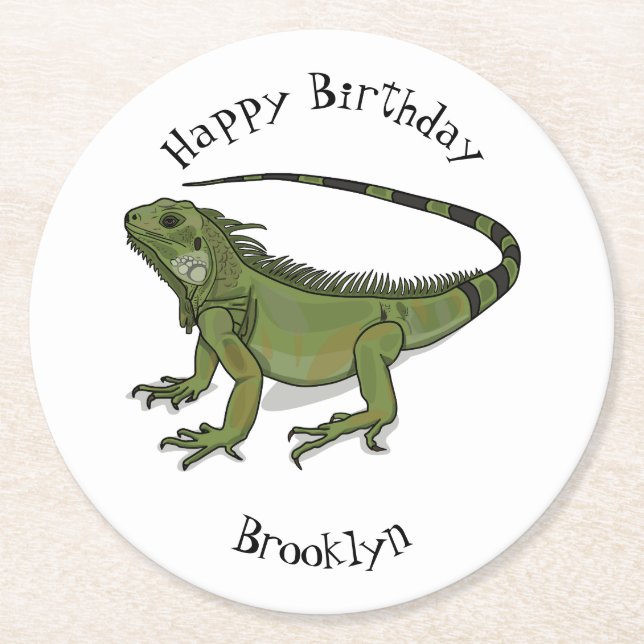 Iguana cartoon illustration  round paper coaster (Front)