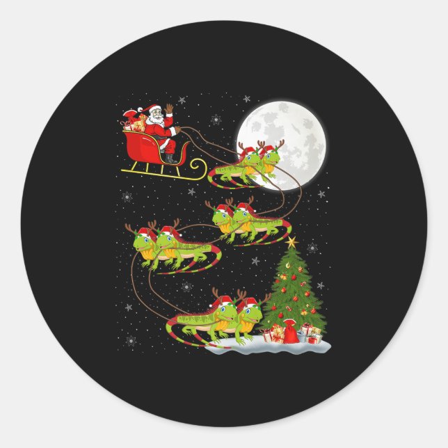 Iguana Santa Sleigh Flying Funny Magical Christmas Classic Round Sticker (Front)