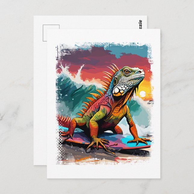 Iguana Surfing Cute Colourful Comic Illustration Postcard (Front/Back)