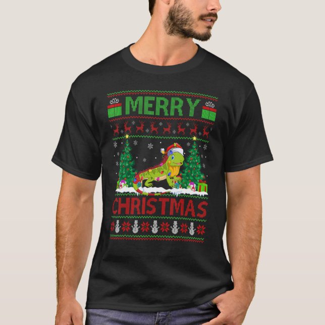 Iguana   Xmas Tree Lights Ugly Santa Iguana Christ T-Shirt (Front)