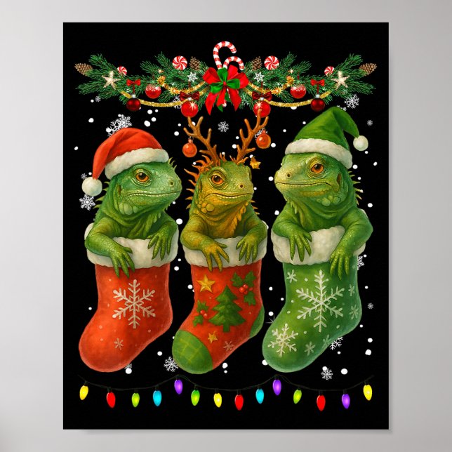 Iguanas In Christmas Socks Lights Iguanas Xmas  Poster (Front)