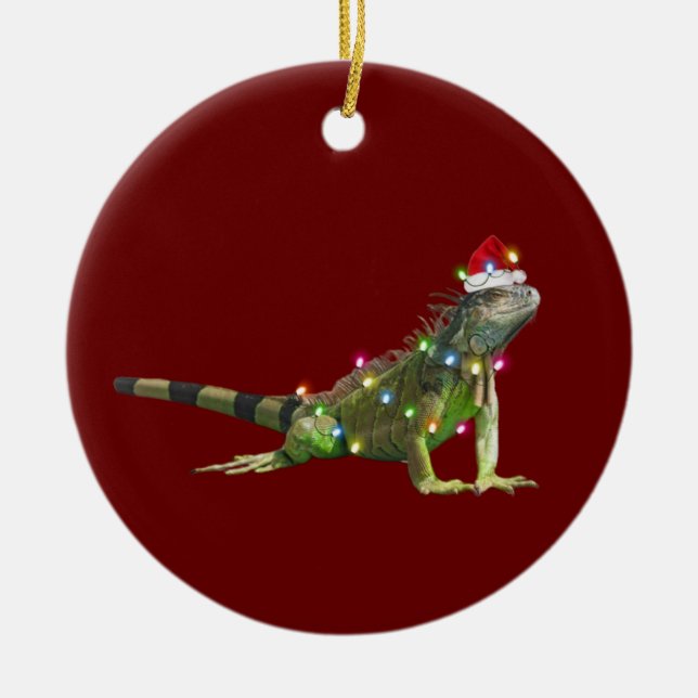 Iguanas With Hat Scaft Christmas Ceramic Ornament (Front)