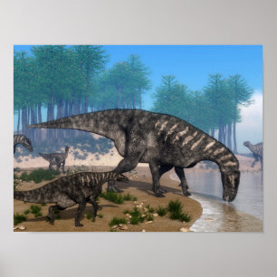 Iguanodon dinosaurs herd at the shoreline poster