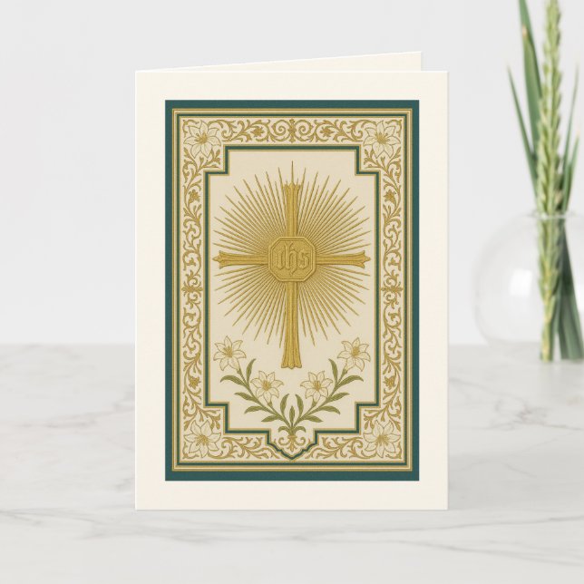 IHS Christogram Cross Lilies Catholic Elegant  Card (Front)