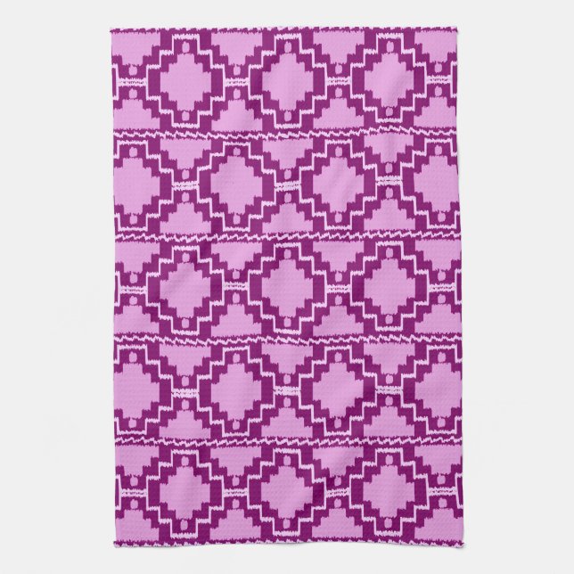 Ikat Aztec Pattern - Amethyst Purple and Violet Tea Towel (Vertical)