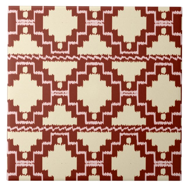 Ikat Aztec Pattern - Beige, Burgundy and Pink Ceramic Tile (Front)
