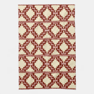Ikat Aztec Pattern - Beige, Burgundy and Pink Tea Towel