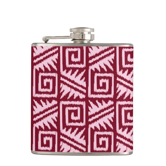 Ikat Aztec Pattern - Burgundy and Pink Hip Flask (Front)