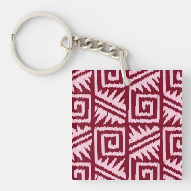 Ikat Aztec Pattern - Burgundy and Pink Key Ring (Front)