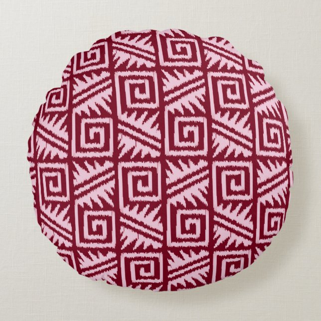 Ikat Aztec Pattern - Burgundy and Pink Round Cushion (Front)