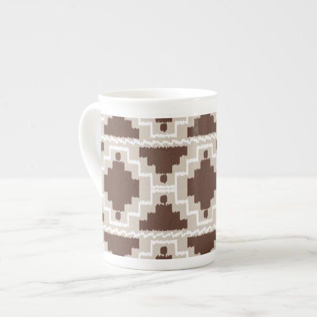 Ikat Aztec Pattern - Chocolate Brown and Taupe Bone China Mug (Front Left)