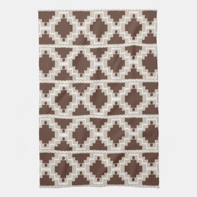 Ikat Aztec Pattern - Chocolate Brown and Taupe Tea Towel (Vertical)
