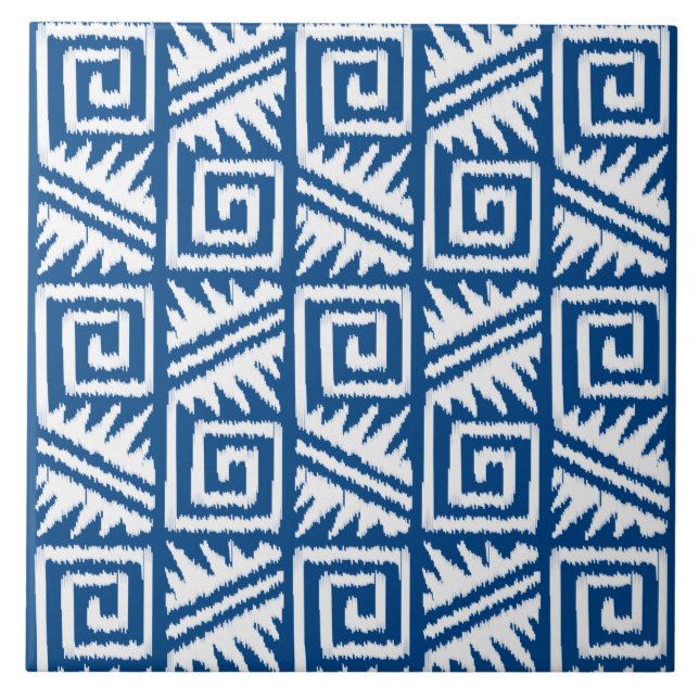 Ikat Aztec Pattern - Cobalt Blue and White Tile (Front)