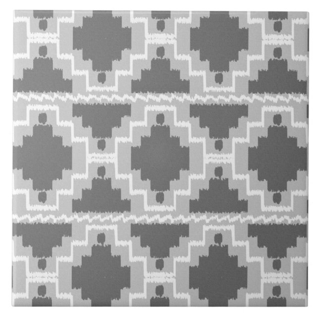 Ikat Aztec Pattern - Dark and light Grey / Grey Ceramic Tile (Front)