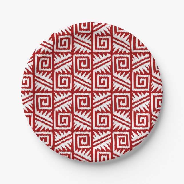 Ikat Aztec Pattern - Dark Red and White Paper Plate (Front)