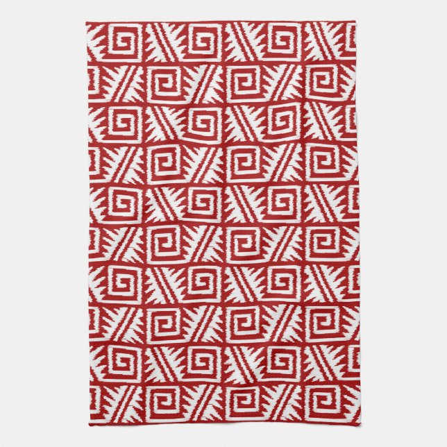 Ikat Aztec Pattern - Dark Red and White Tea Towel (Vertical)