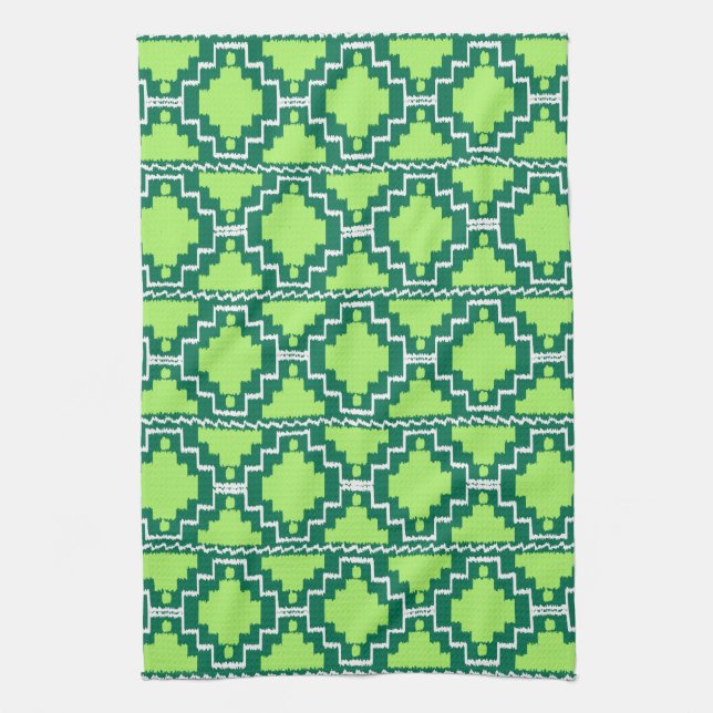Ikat Aztec Pattern - Forest and Lime Green Tea Towel (Vertical)