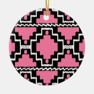 Ikat Aztec Pattern - Fuchsia Pink, Black and White Ceramic Ornament