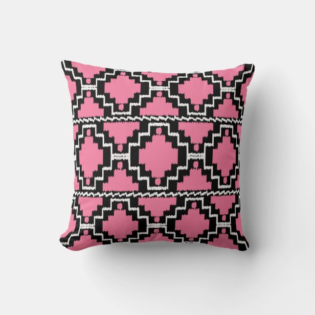 Ikat Aztec Pattern - Fuchsia Pink, Black and White Cushion (Front)