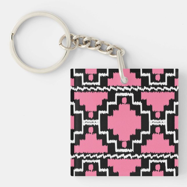 Ikat Aztec Pattern - Fuchsia Pink, Black and White Key Ring (Front)