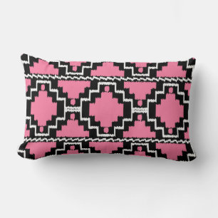 Ikat Aztec Pattern - Fuchsia Pink, Black and White Lumbar Cushion