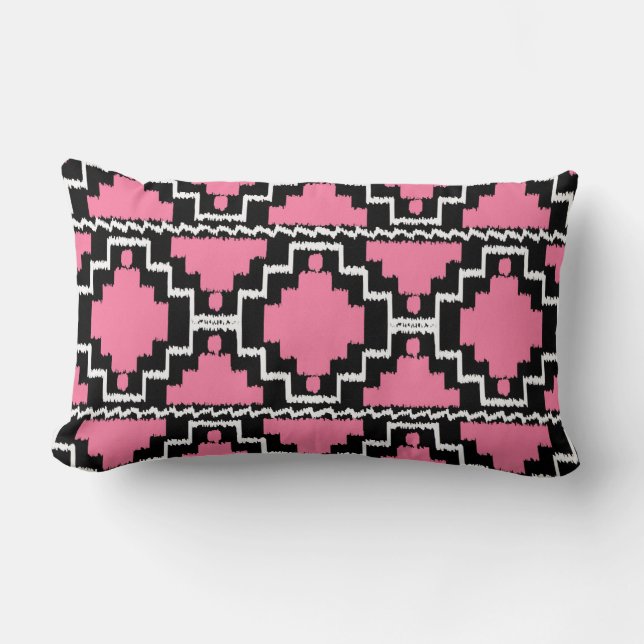 Ikat Aztec Pattern - Fuchsia Pink, Black and White Lumbar Cushion (Front)