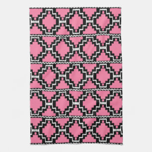Ikat Aztec Pattern - Fuchsia Pink, Black and White Tea Towel