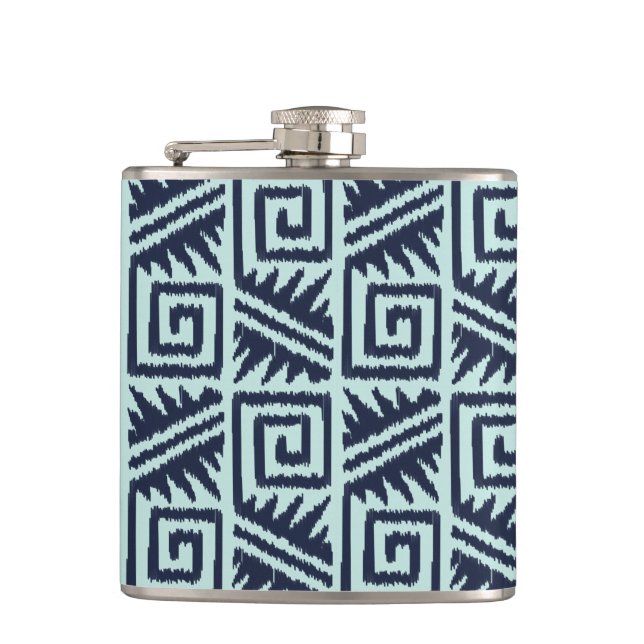 Ikat Aztec Pattern - Indigo and Light Blue Hip Flask (Front)