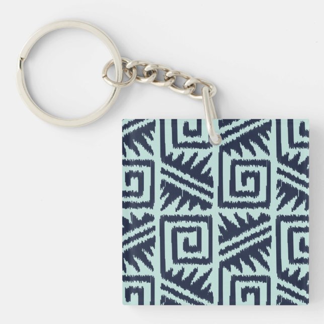 Ikat Aztec Pattern - Indigo and Light Blue Key Ring (Front)