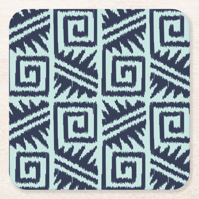 Ikat Aztec Pattern - Indigo and Light Blue Square Paper Coaster (Front)