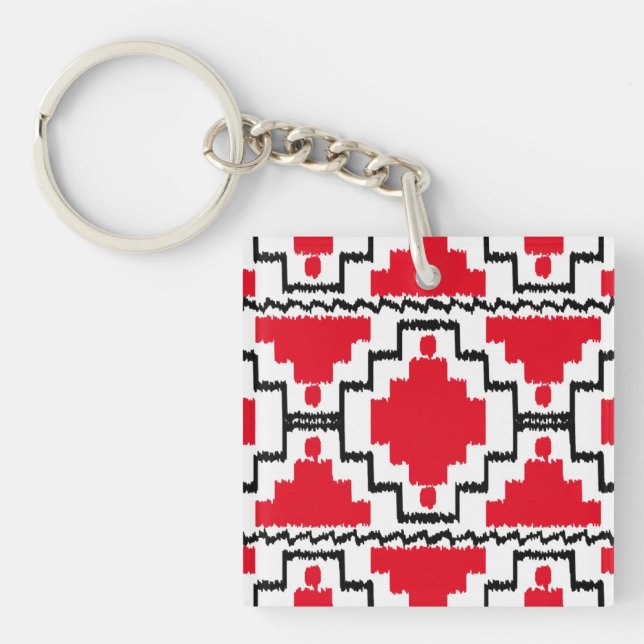 Ikat Aztec Pattern - Red, Black and White Key Ring (Front)