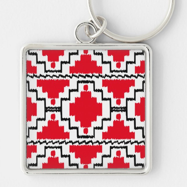 Ikat Aztec Pattern - Red, Black and White Key Ring (Front)