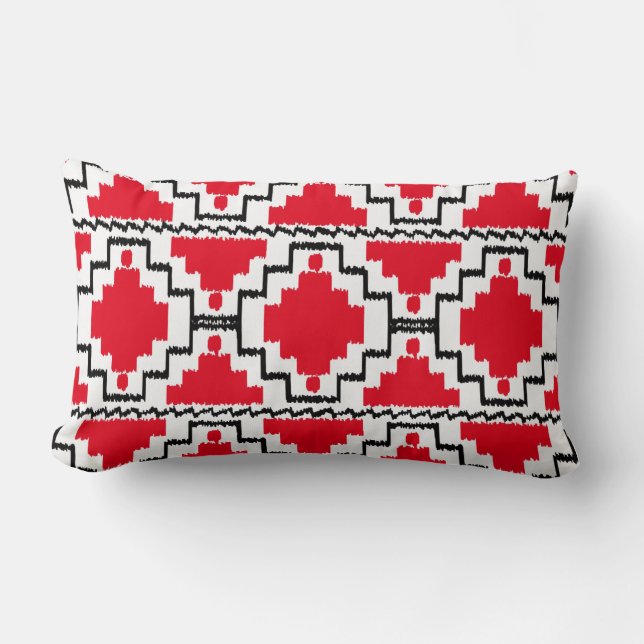 Ikat Aztec Pattern - Red, Black and White Lumbar Cushion (Front)