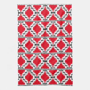 Ikat Aztec Pattern - Red, Black and White Tea Towel