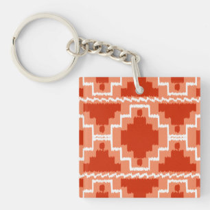 Ikat Aztec Pattern - Rust, Orange and white Key Ring