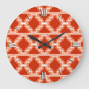 Ikat Aztec Pattern - Rust, Orange and white Large Clock