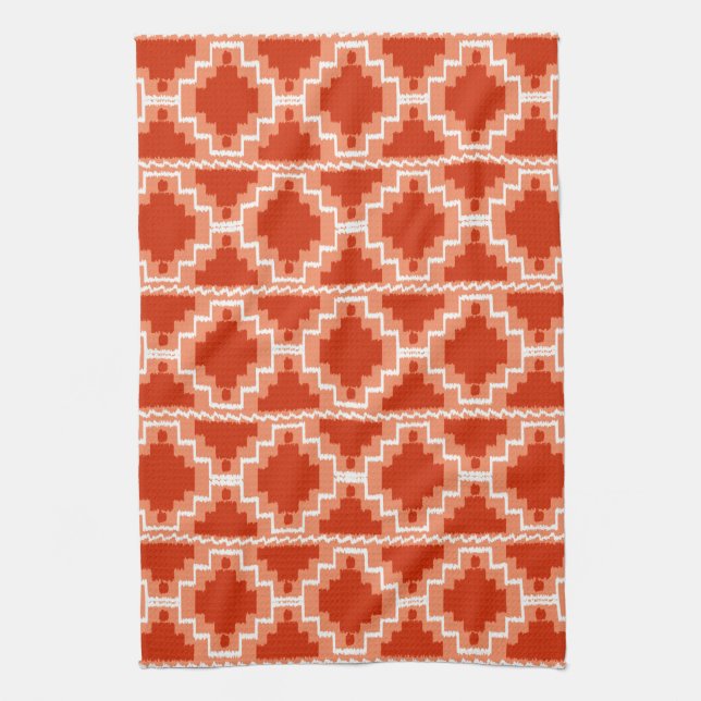 Ikat Aztec Pattern - Rust, Orange and white Tea Towel (Vertical)