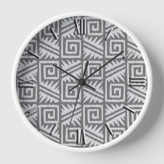 Ikat Aztec Pattern - Shades of Grey / Gray Wall Clock (Front)