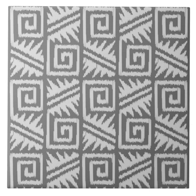 Ikat Aztec Pattern - Shades of Grey / Grey Ceramic Tile (Front)