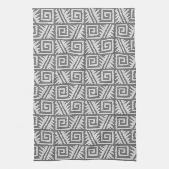Ikat Aztec Pattern - Shades of Grey / Grey Tea Towel (Vertical)