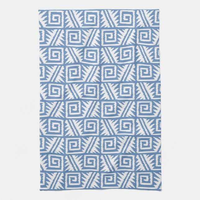 Ikat Aztec Pattern - Sky Blue and White Tea Towel (Vertical)