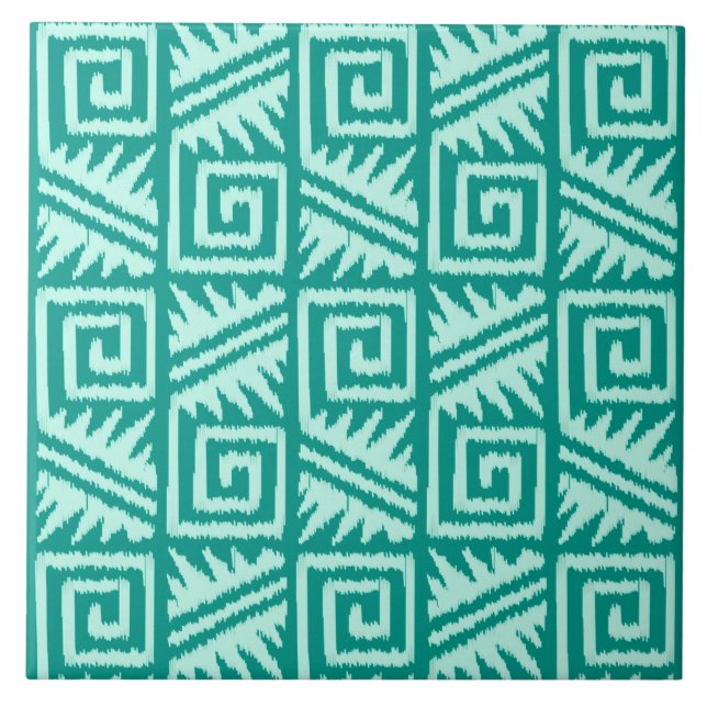 Ikat Aztec Pattern - Turquoise and Aqua Ceramic Tile (Front)
