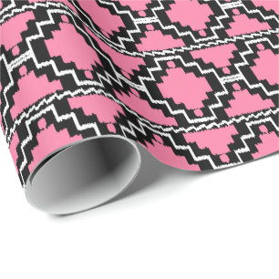 Ikat Aztec Tribal - Fuchsia Pink, Black and White Wrapping Paper
