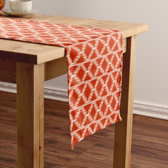 Ikat Aztec Tribal Rust, Orange and White Short Table Runner (In Situ)