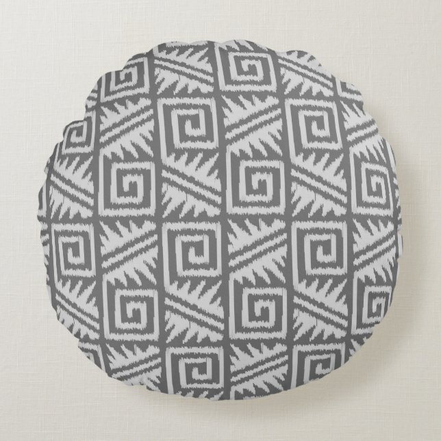 Ikat Aztec Tribal - Shades of Grey / Grey Round Cushion (Front)