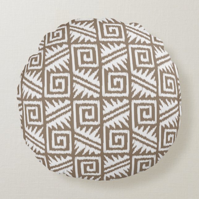 Ikat Aztec Tribal - Taupe Tan and Cream Round Cushion (Front)
