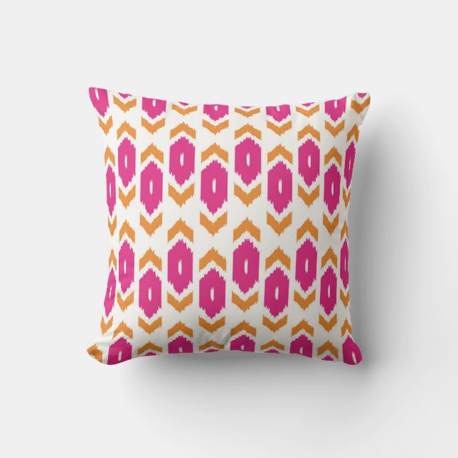 Ikat Boho Hot Pink Gold and White Pattern Cushion (Front)